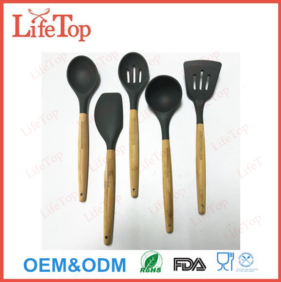 Eco-Friendly 5pcs Bamboo and Silicone Kitchen Utensil Set, Gray